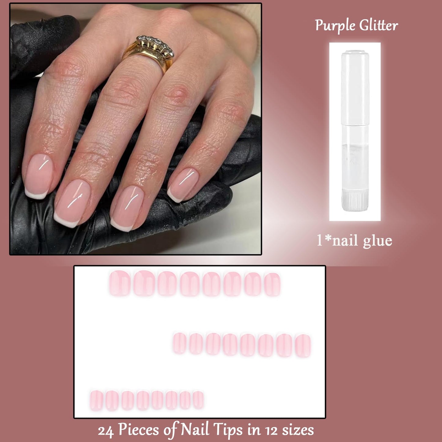 EONFAVE Square Short French False nail - 24Pcs Press on Tips with Glue - White Tip Stick on nail for Women Girls