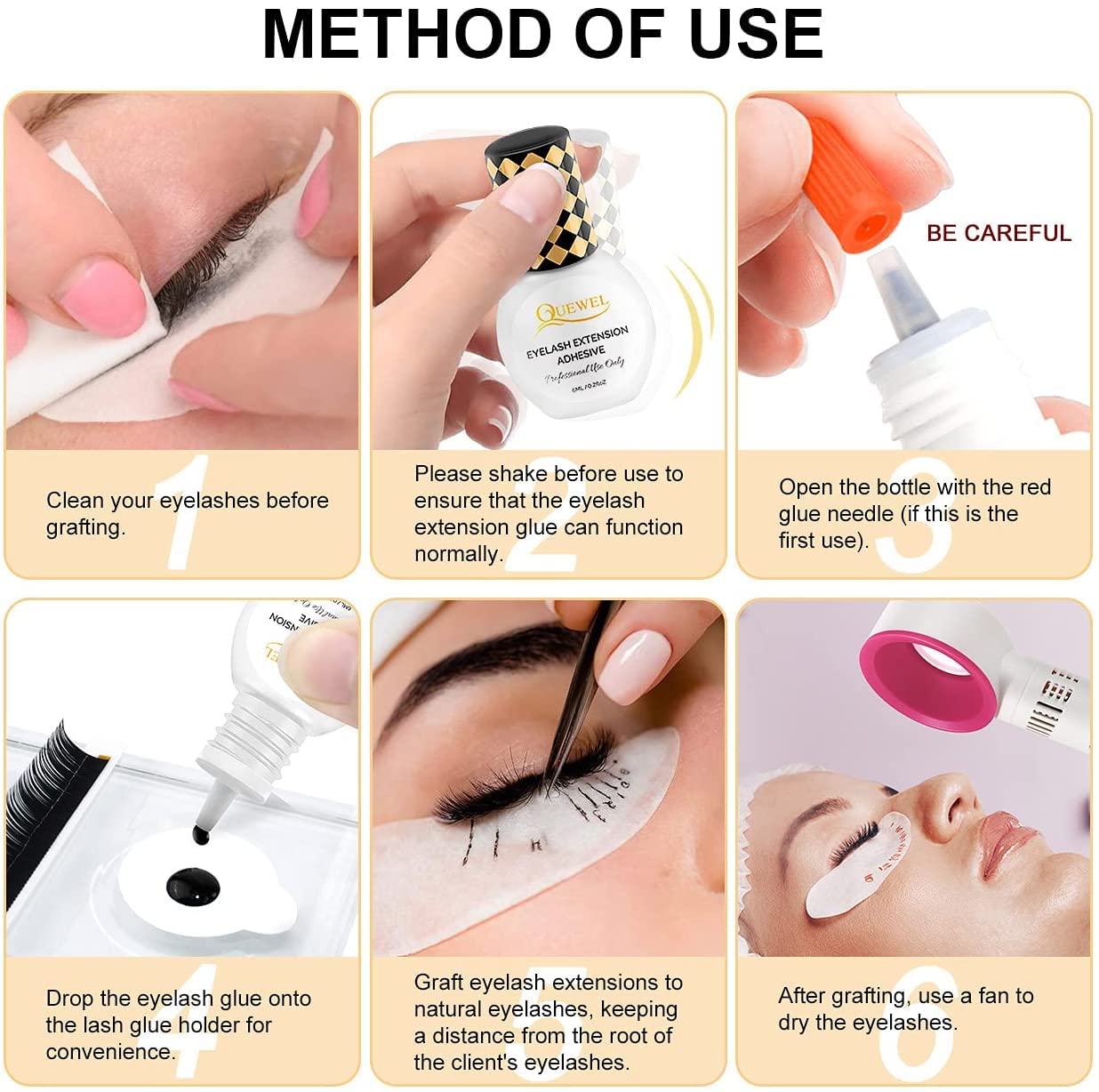 QUEWEL Eyelash Extension Glue 6ML Strong Black Lash Glue 1-2 Sec Quick Drying Professional Lash Extension Glue for Sensitive Retention 7-8 Weeks Eyelash Glue