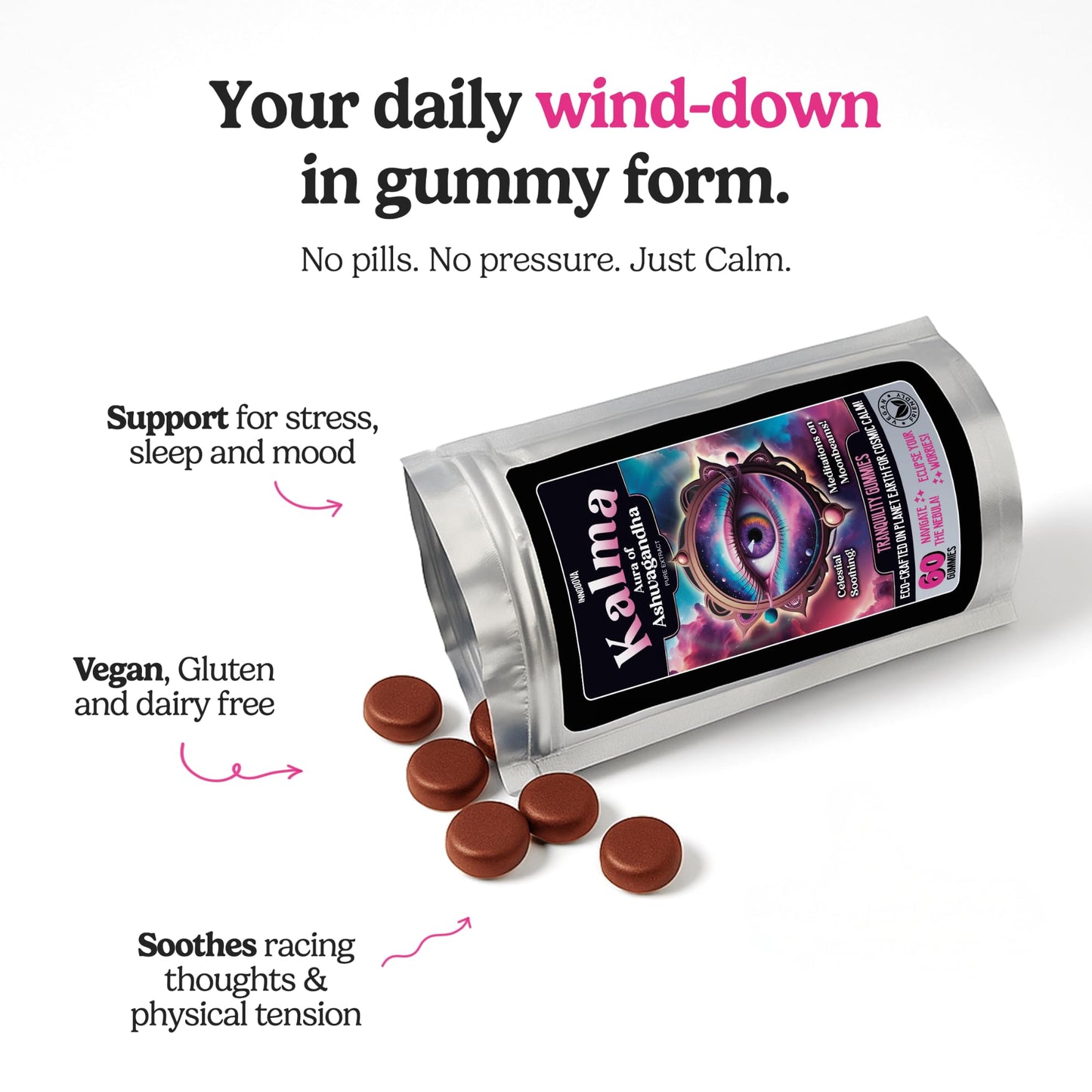 Innooova Kalma Ashwagandha Gummies, 3000mg Helps Reduce Stress, Boost Focus and Improve Sleep, Ashwagandha Root Extract Supplement, Natural Ingredients, Vegan, Gluten-Free Apple Flavour 60 Gummies