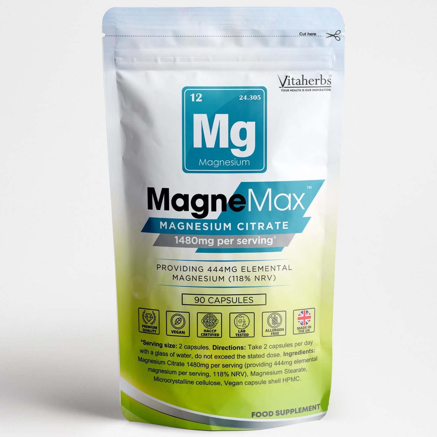 High Strength Magnesium Supplements 1480mg - 90 Magnesium Citrate Capsules - Vegan & Gluten-Free - Providing 444mg High Absorption Elemental Magnesium - MagneMax Magnesium Made in The UK - Vitaherbs