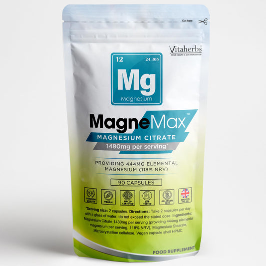 High Strength Magnesium Supplements 1480mg - 90 Magnesium Citrate Capsules - Vegan & Gluten-Free - Providing 444mg High Absorption Elemental Magnesium - MagneMax Magnesium Made in The UK - Vitaherbs