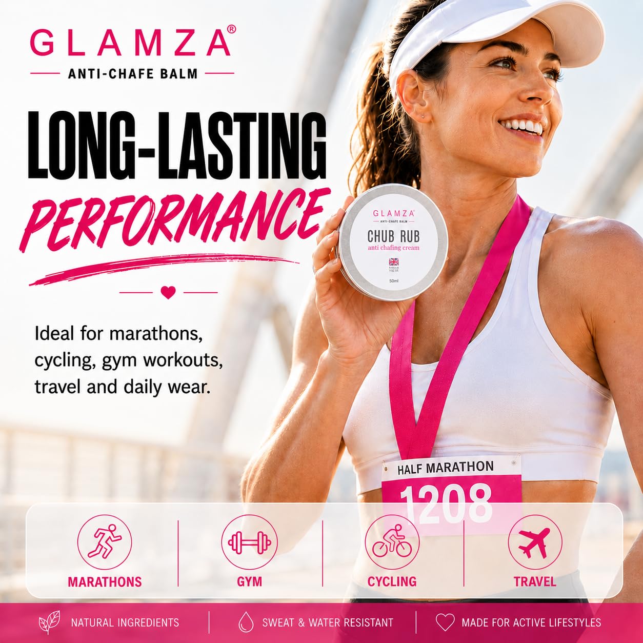 Glamza Chamois Cream GLAMZA ‘Chub Rub’ Anti Chafing Cream & Pair of Thigh Bands for Men & Women - Prevents Chaffing for Cyclists, Runners and More 50ml (Size E (62-70cm))