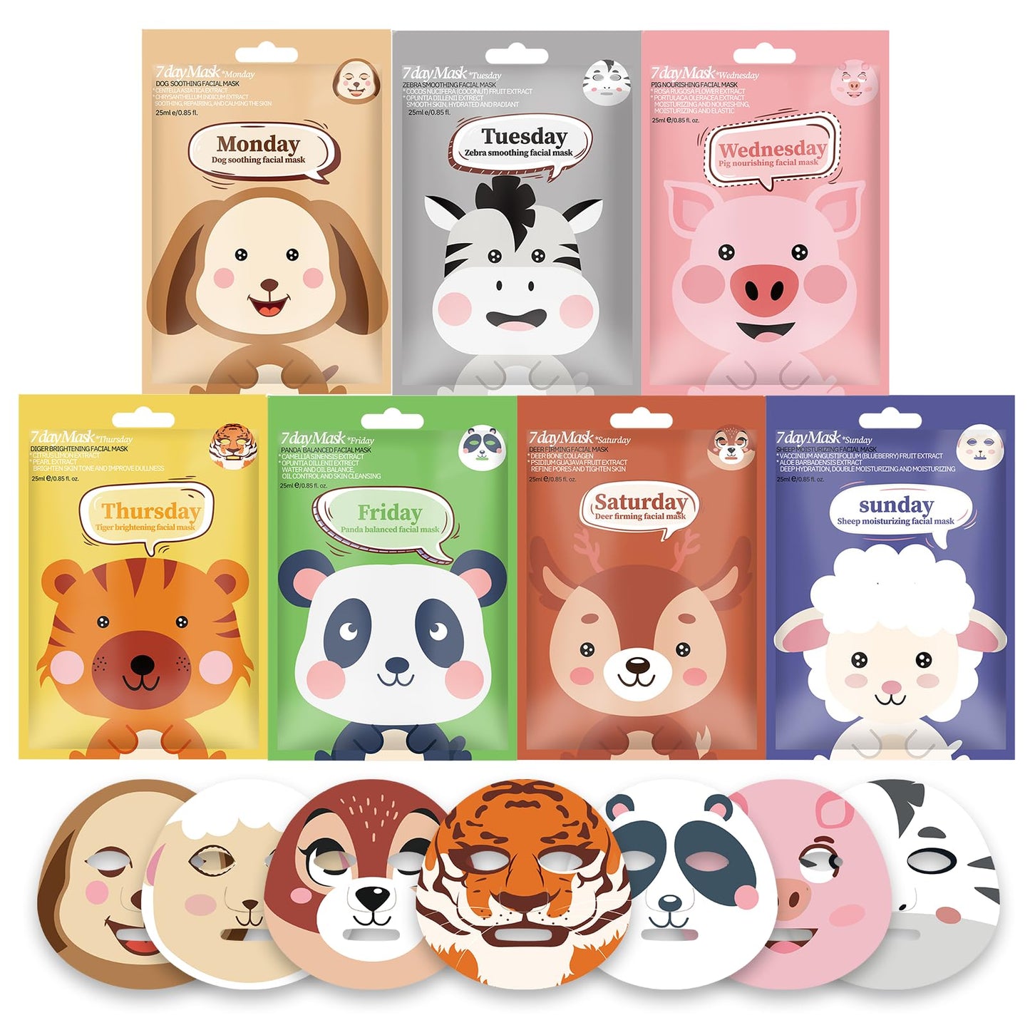 Kids Face Masks, Personalised Face Masks, Animal Face Mask For Kids, Sheet Face Masks Set, Spa Party Facial Mask Skincare Set, Kids Skincare，Kids Pamper Sets For Girls (7Pcs)