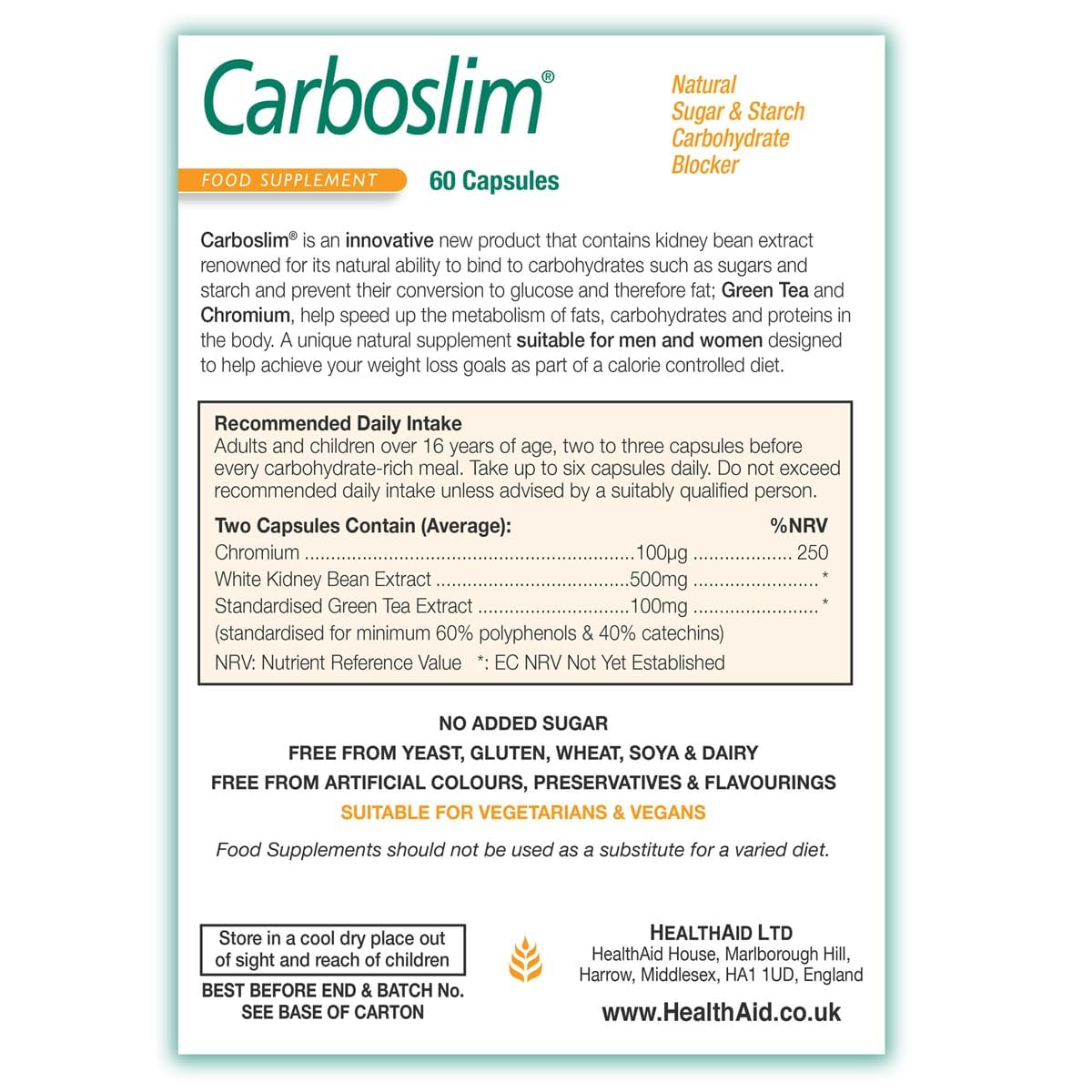 HealthAid Carboslim Capsules – Carb Blocker with White Kidney Bean Extract, Chromium & Green Tea - Metabolism & Weight Management Supplement - Keto & Low Carb Diet Friendly - 60 Vegan Capsules