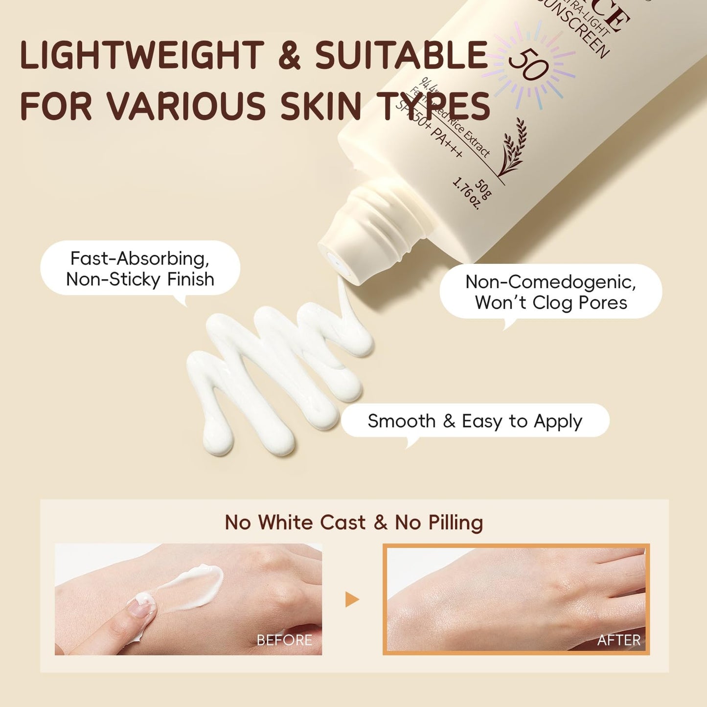 Shefave Rice Sunscreen With Probiotics,SPF 50 Face Moisturiser, Korean Rice Ultra-Light Sunscreen For Face&Body,SPF Face Cream With UVA&UVB Protection For Protects&Brightens Skin,Dry Sensitive Skin,Non-Greasy