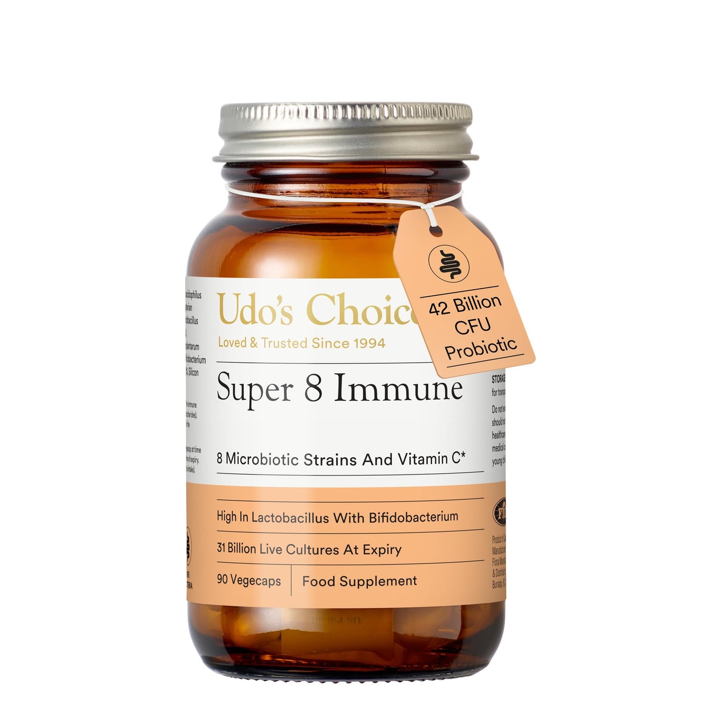 Udo's Choice Super 8 Immune High Strength Probiotics – 42 Billion Cell Count with Vitamin C for Immune Support – 8 Human-Adapted Strains – Gut & Digestive Health – 90 Capsules