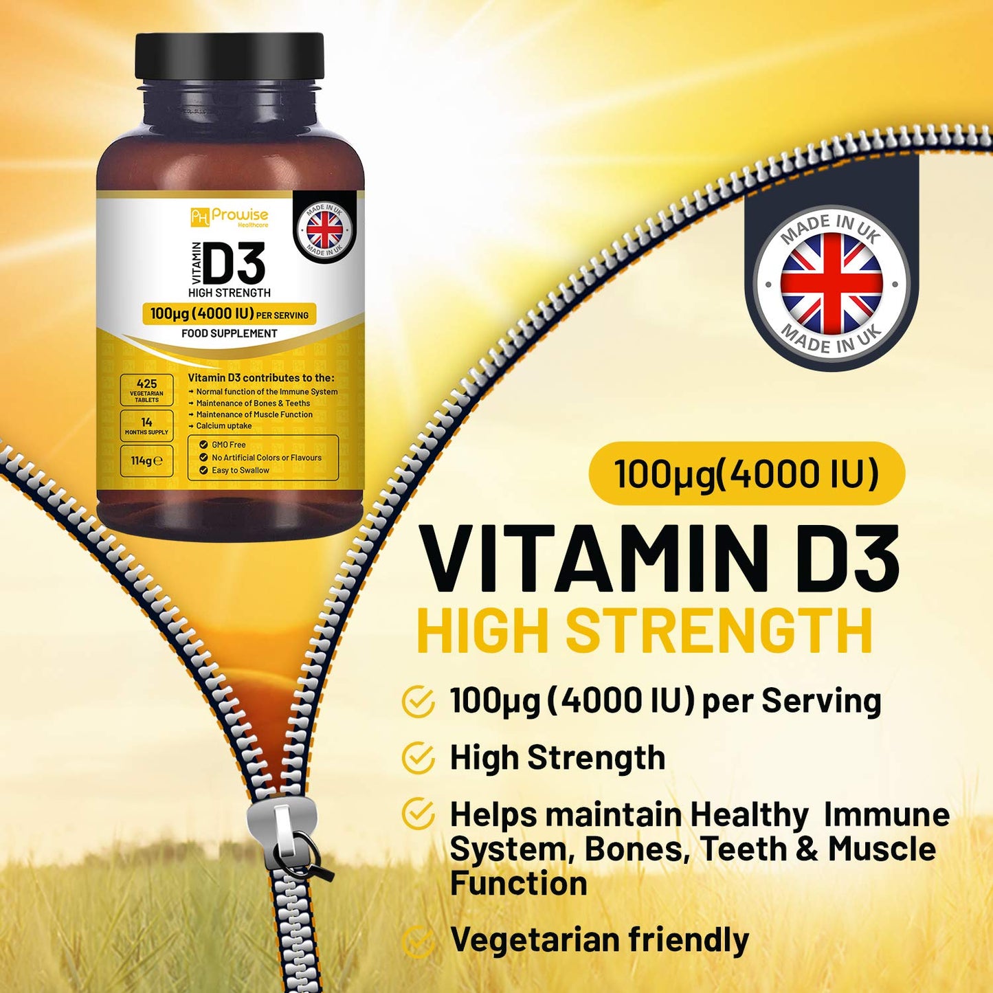 Vitamin D3 4000 IU High Strength I 425 Vegetarian Tablets (14 Months Supply) I Easy Swallow Vitamin D3 Supplement for Immune Support, Calcium Boost, Bone & Muscle I Vitamin D Made in the UK by Prowise