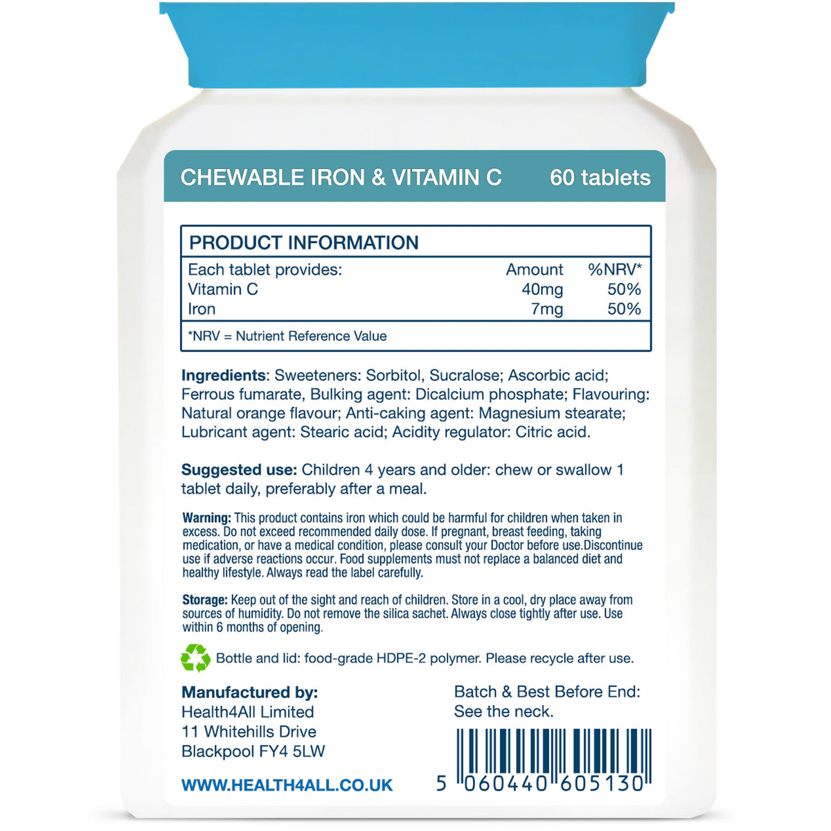 Health4All Kids Iron 60 Chewable Tablets 2 Months Supply, Vegan Sugar-Free Iron Supplement for Children 4+ Supports Learning, Growth & Immune System, Natural Orange Flavour, Made in UK (not Gummies)