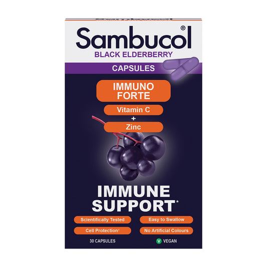 Sambucol Natural Black Elderberry Immuno Forte Capsules | Vitamin C | Zinc | Immune Support Supplement| 30 Capsules