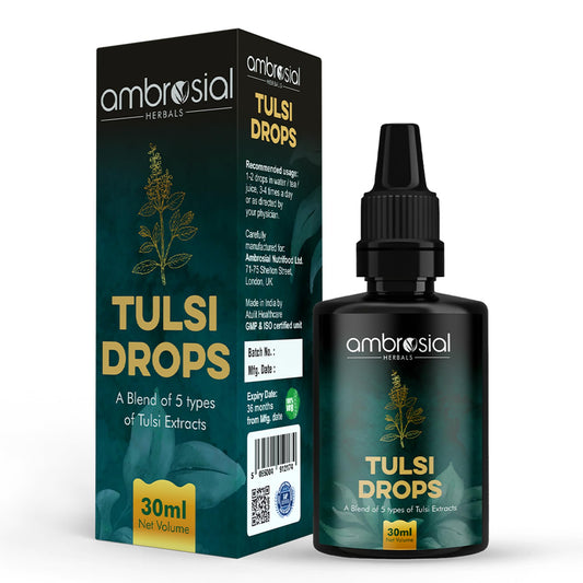AMBROSIAL Ambrosial Tulsi Drops Concentrated Extract Of 5 Tulsi 30ml | Natural Immunity Booster | Relieves Cough & Cold | Raw Extract of Holy Basil Leaf (30ml)