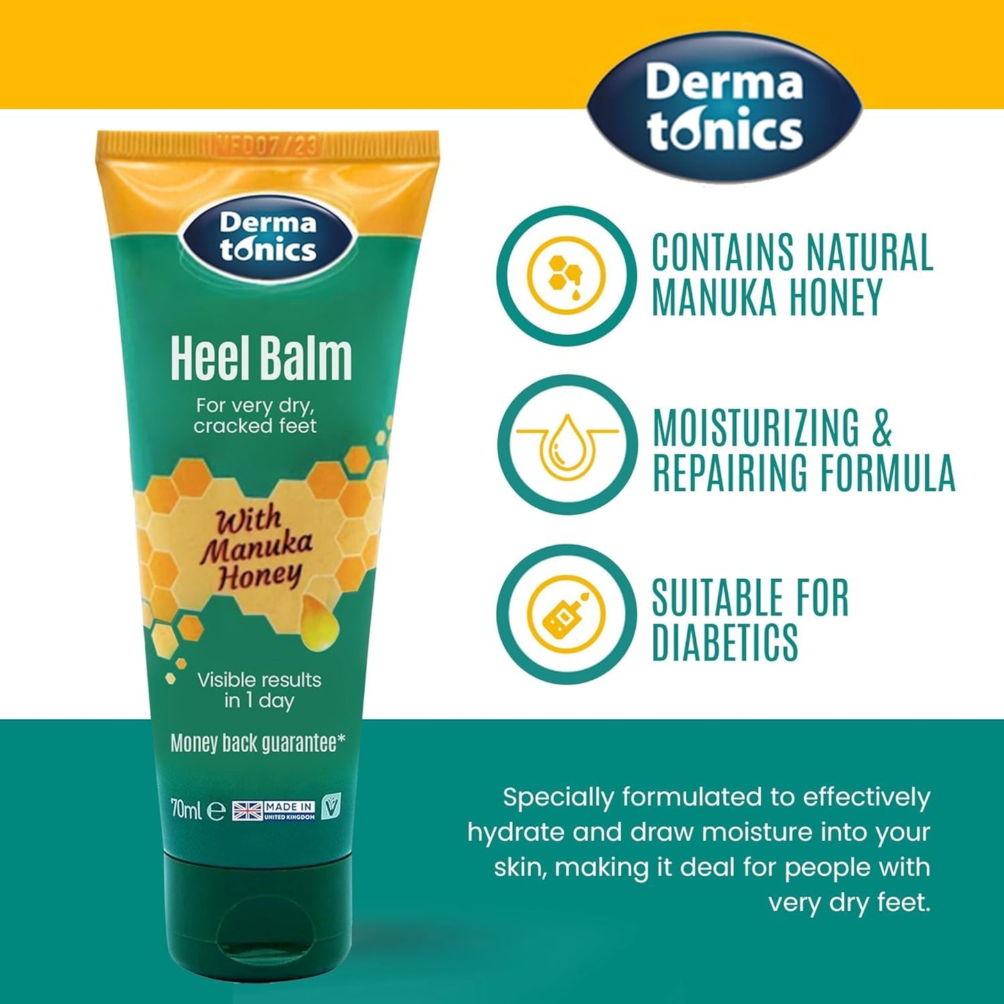 Dermatonics Fast-Acting Manuka Honey Heel Balm | Nourishing Formula for Very Dry and Cracked Heels | Visible Results in Just 1 Day | Suitable for Diabetics | 70 ml