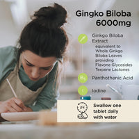 Healthspan Ginkgo Biloba Cognitive Support (6,000mg) | 180 Tablets | Maximum Strength Ginkgo Extract | Mental Function | Added Iodine & Vitamin B5 | Supports Energy | Vegan