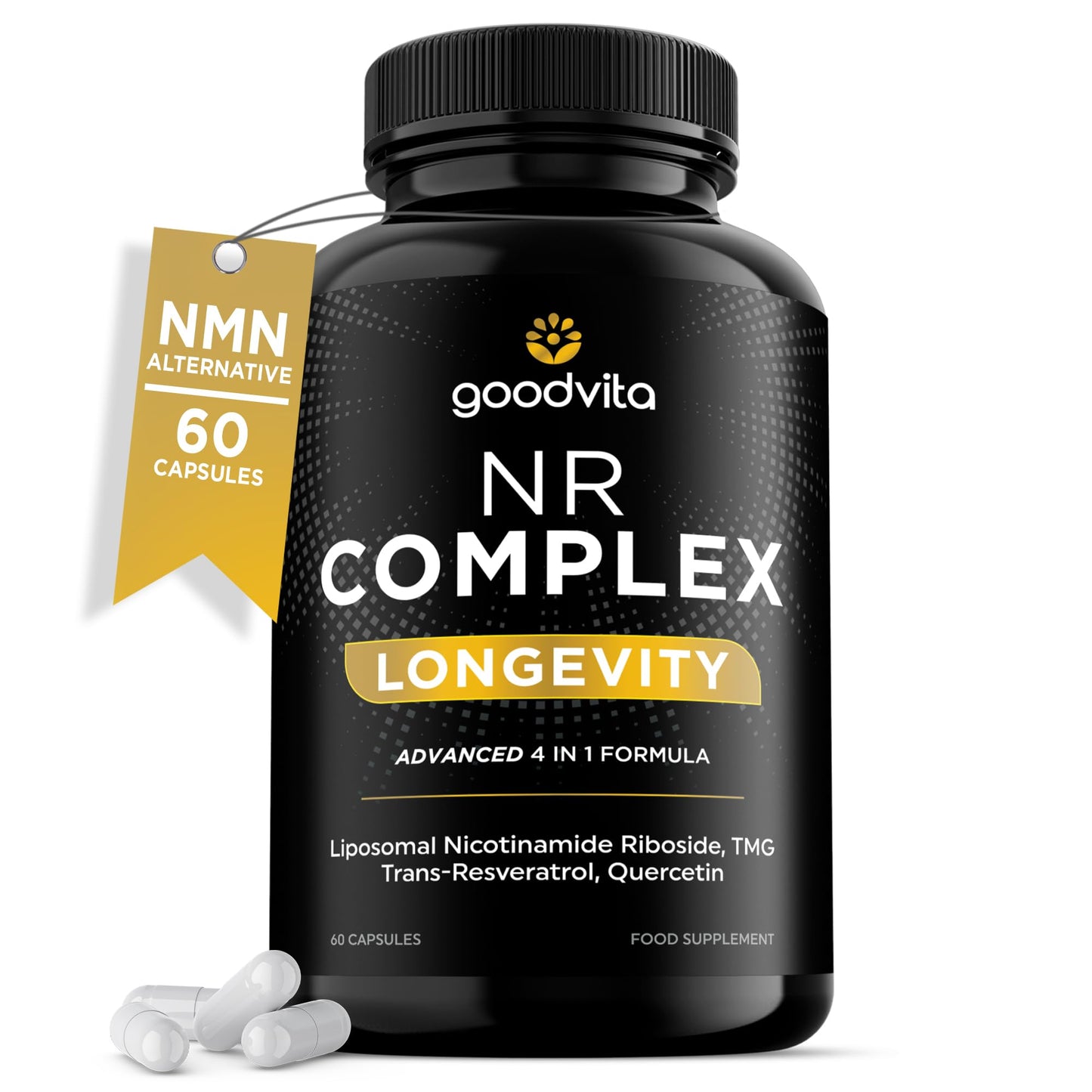 Goodvita Nicotinamide Riboside NR Supplement (4 in 1 Complex) 60 Caps, 2 Months Supply | UK Made | Boost NAD+ Anti-Aging | TMG Resveratrol Quercetin | Liposomal Highest Bioavailability