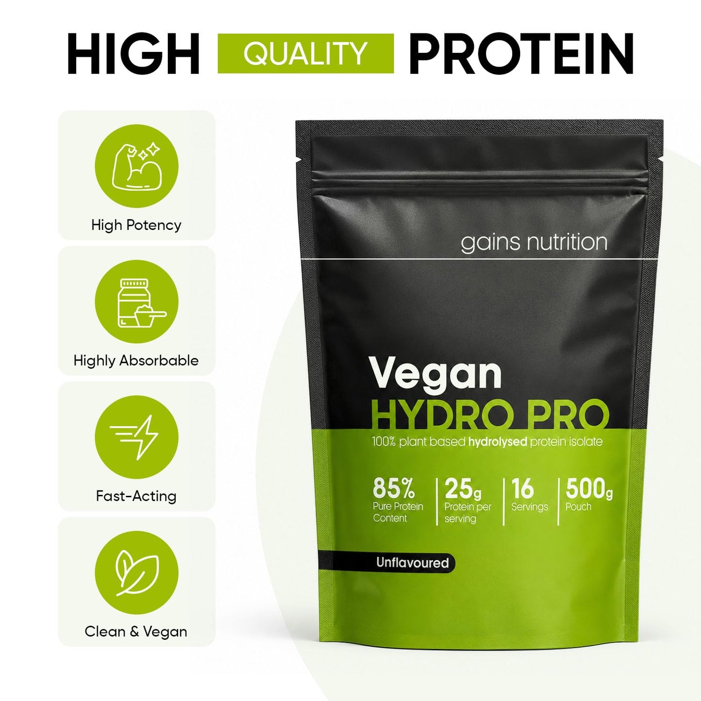 Gains Nutrition GN Vegan Hydro Pro Hydrolysed Protein Powder | 500g Unflavoured Pea - Hydrolysed Plant Based Protein-Powder | 25g per Serving | Pea-Protein Isolate | Non-GMO & Unsweetened