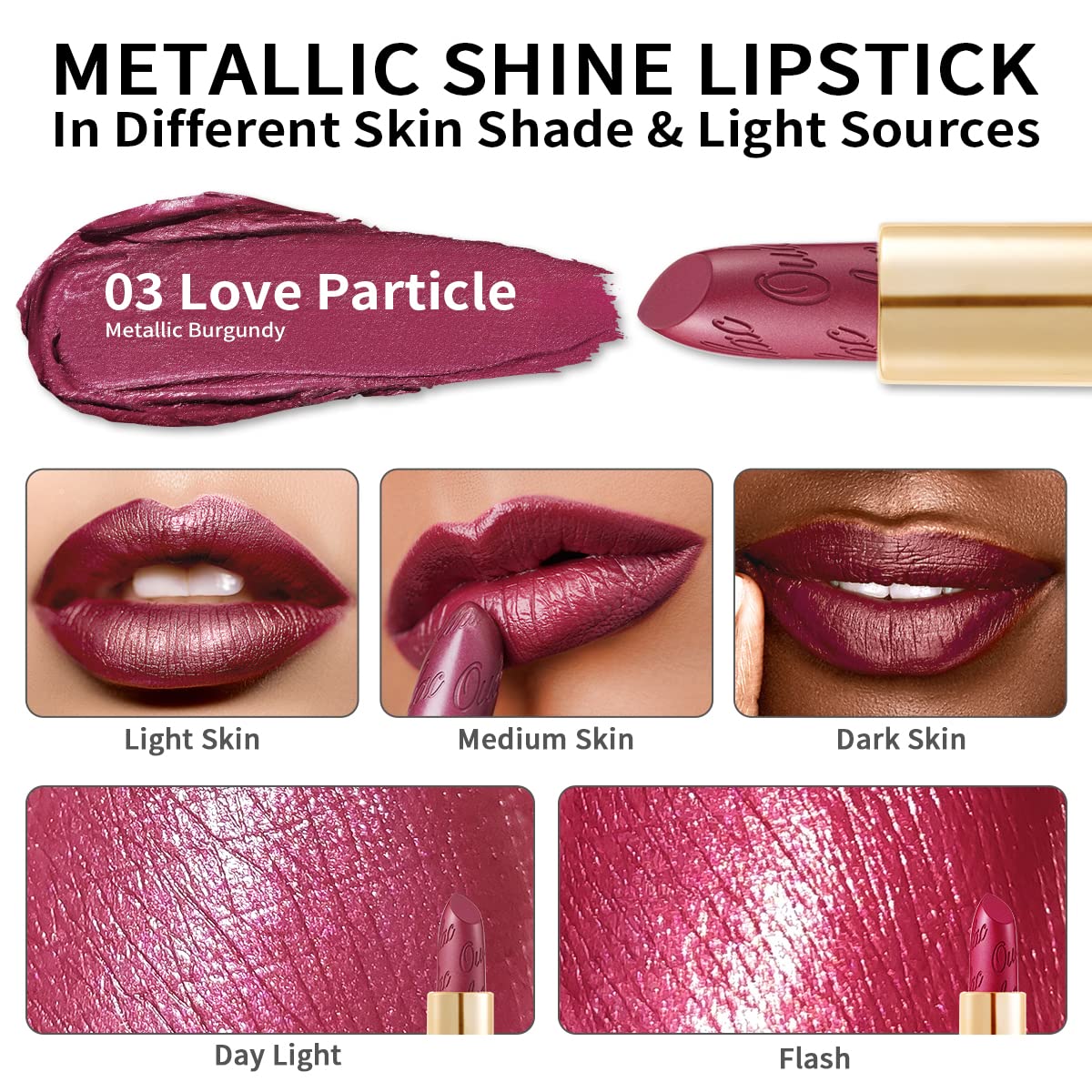 Oulac OULAC Metallic Shine Glitter Lipstick, Purple High Impact Lipcolor, Lightweight Soft and Ultra Hydrating, Long Lasting, Vegan & Cruelty-Free, Full-Coverage Lip Color 4.3 g/0.15 oz Love Particle(03)