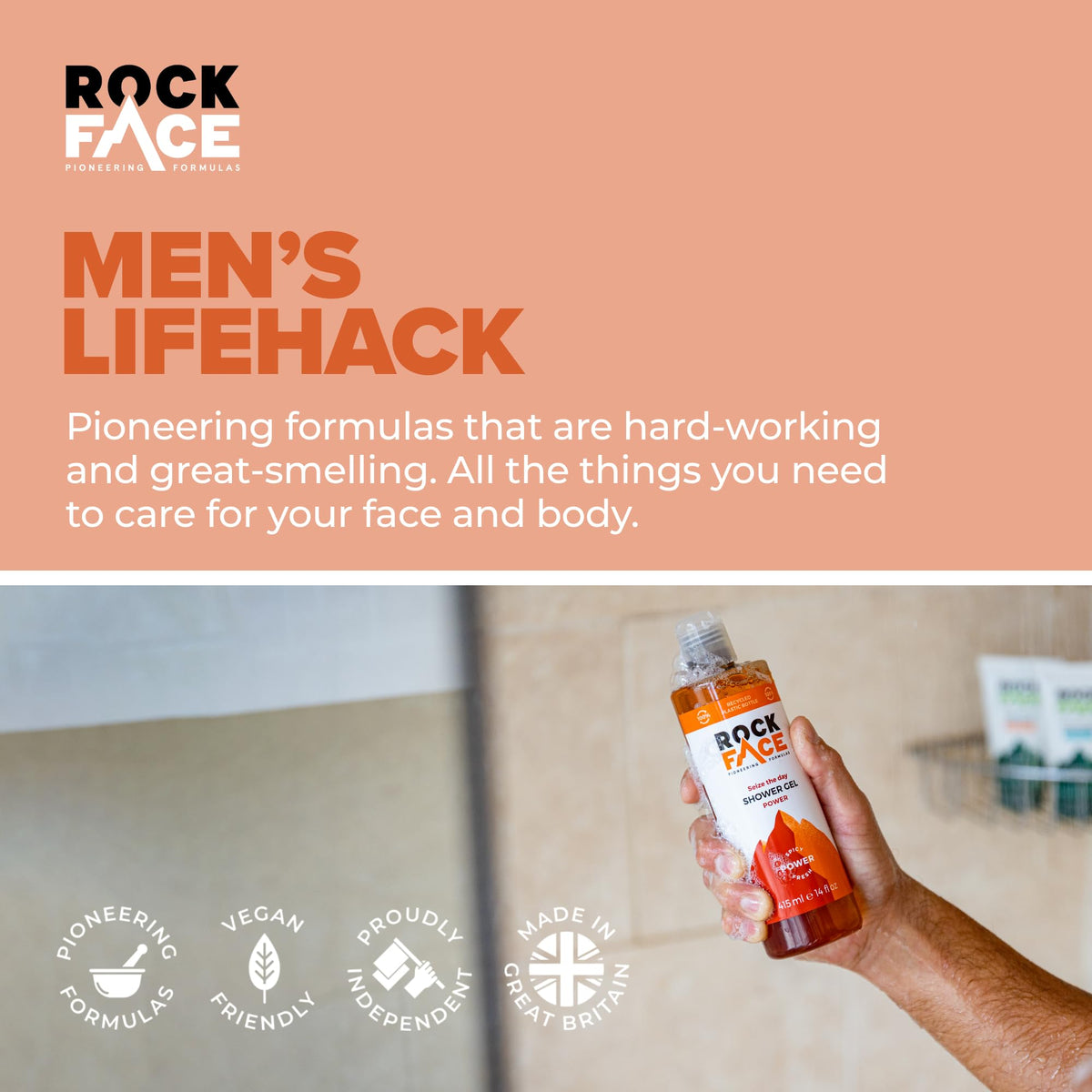 Rockface Rock Face Shower Gel - Power All In One Body Wash for Men, 410ml, Spicy Oriental Scent, Suitable for Hair and Body, Long Lasting Fragrance