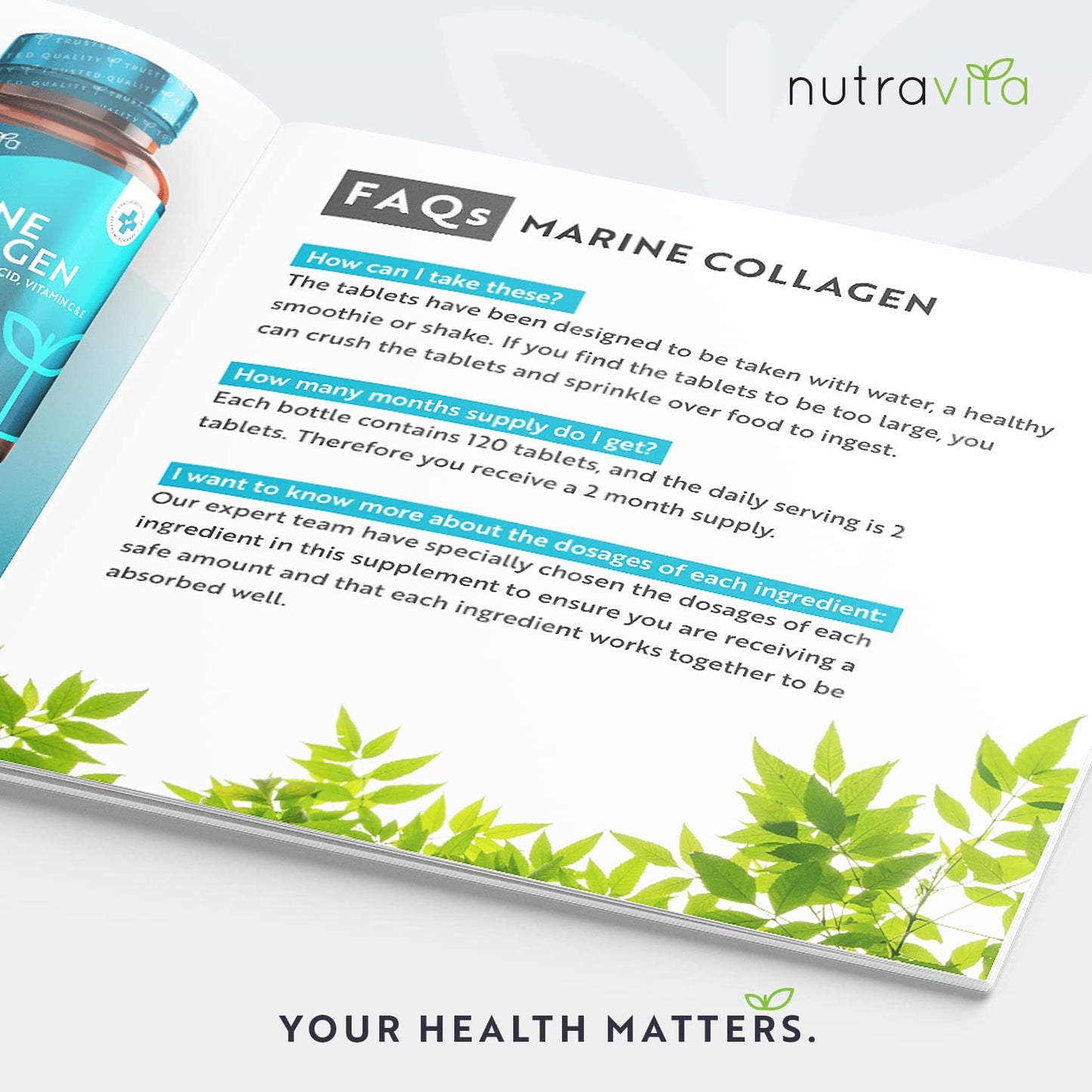 Marine Collagen Tablets 1400mg Enhanced with Hyaluronic Acid - Hydrolysed Collagen Supplements for Women and Men - 120 Tablets (2 Month Supply) - with Vitamin C, Vitamin E, Zinc and Vit B2 - Nutravita