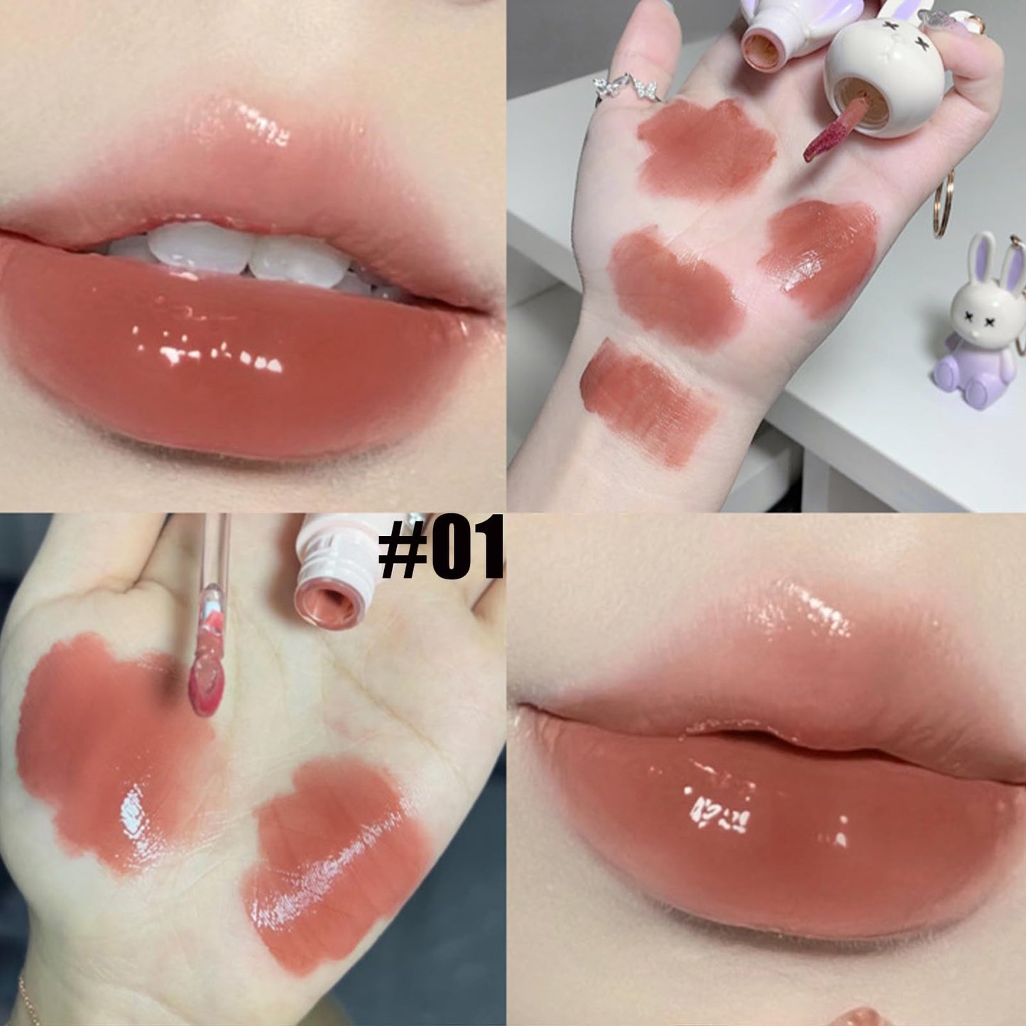 Bekoeen 3Psc Rabbit Lip Gloss Keyring,Moisturising Sparkling Jelly Lip Gloss,Crystal Lip Tint Korean Chinese Makeup, Hydrating Sweet Lip Glaze Set,Cute Lipgloss Set For Girls