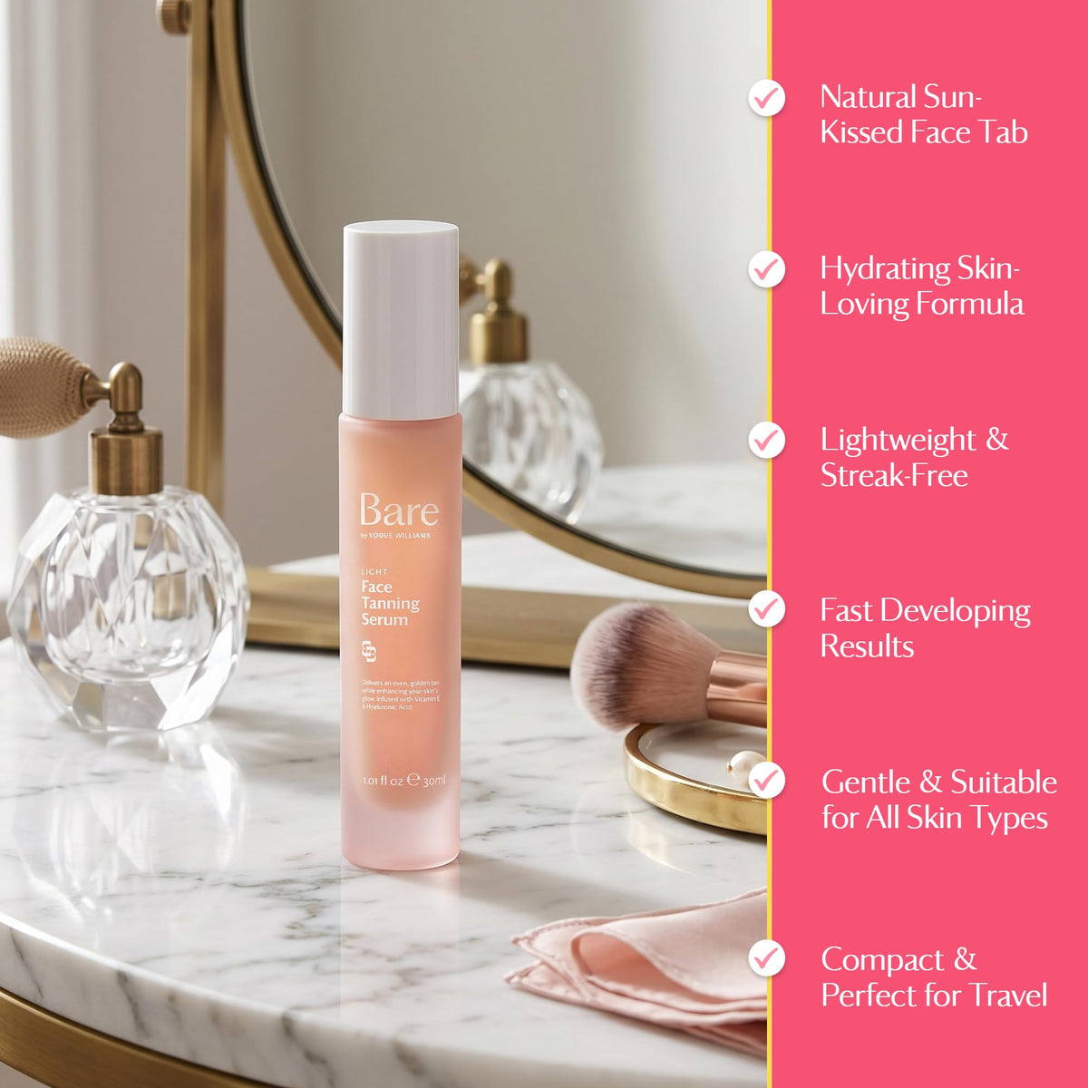 Bare by Vogue Light Face Tanning Serum - Natural Sun-Kissed Glow, Streak-Free Facial Self Tanner for Sensitive Skin - Non-Comedogenic, No Fake Tan Smell & Hydrating