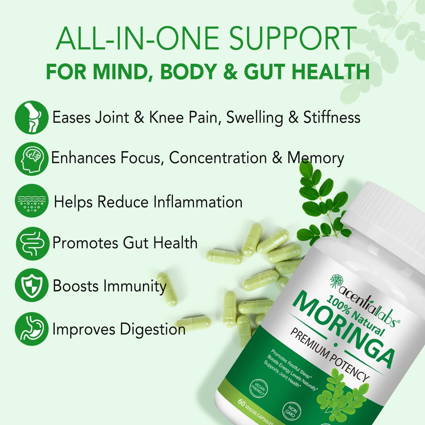 FSLHCY Moringa Capsules 800mg, Rich Moringa Powder Supports Energy, Joint & Immunity & Gut Health, Overall Vitality, Pure Vegan Extract Non-GMO (120pcs)