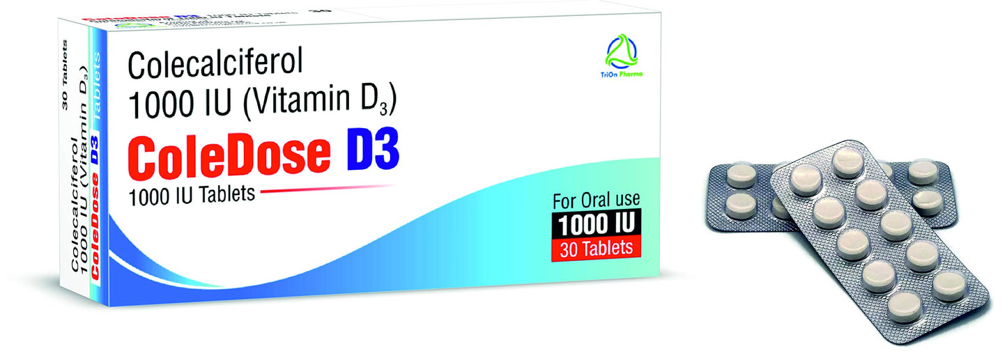 Vitamin D 1000 IU –Equivalent to 25 mcg - ColeDose D3, Premium Vitamin - Easy Swallow 30 Tablets- One a Day