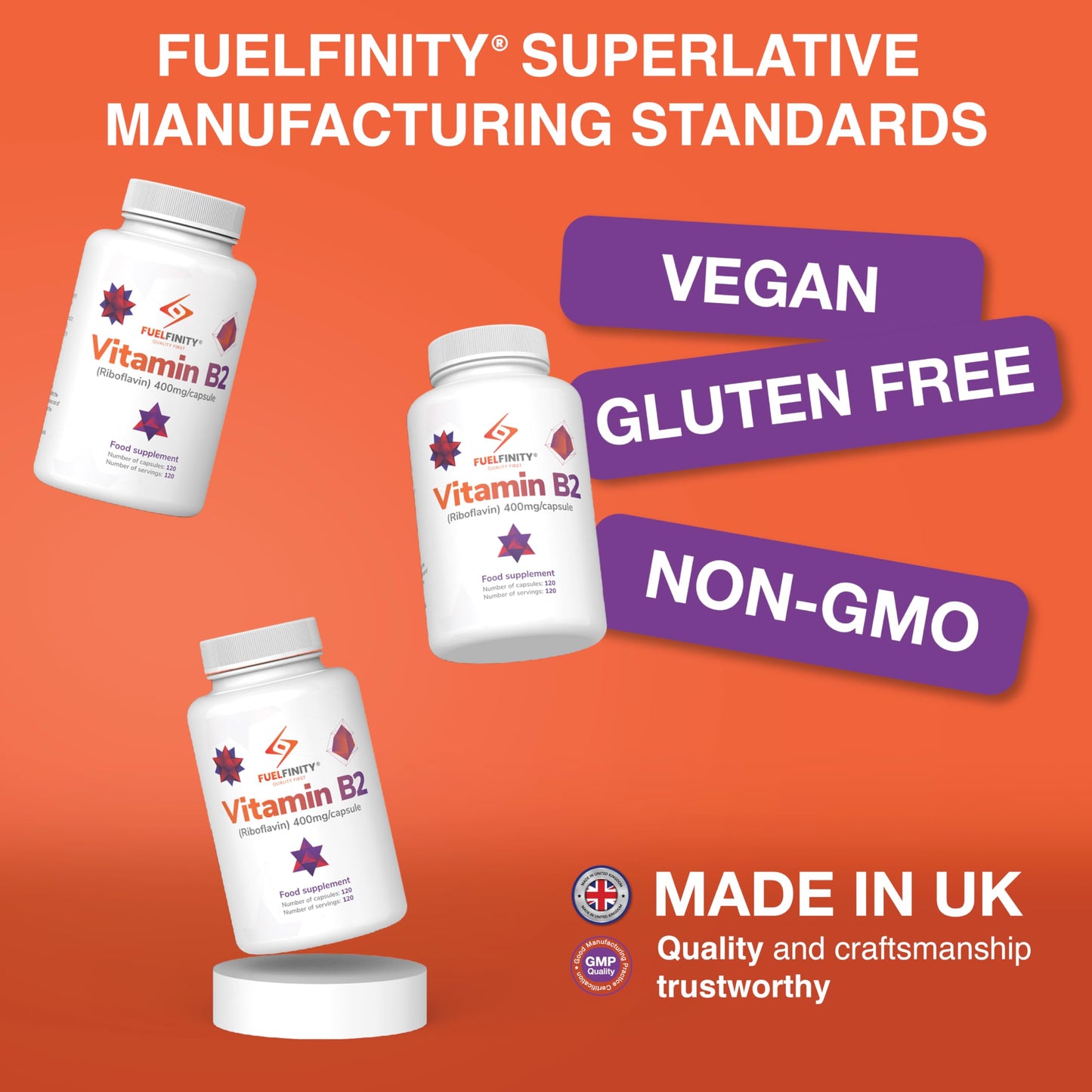 FuelFinity® - Premium Vitamin B2 Riboflavin 400mg per Capsule - 120 Days Supply - Highest Manufacturing Standards- no additives - Vegan