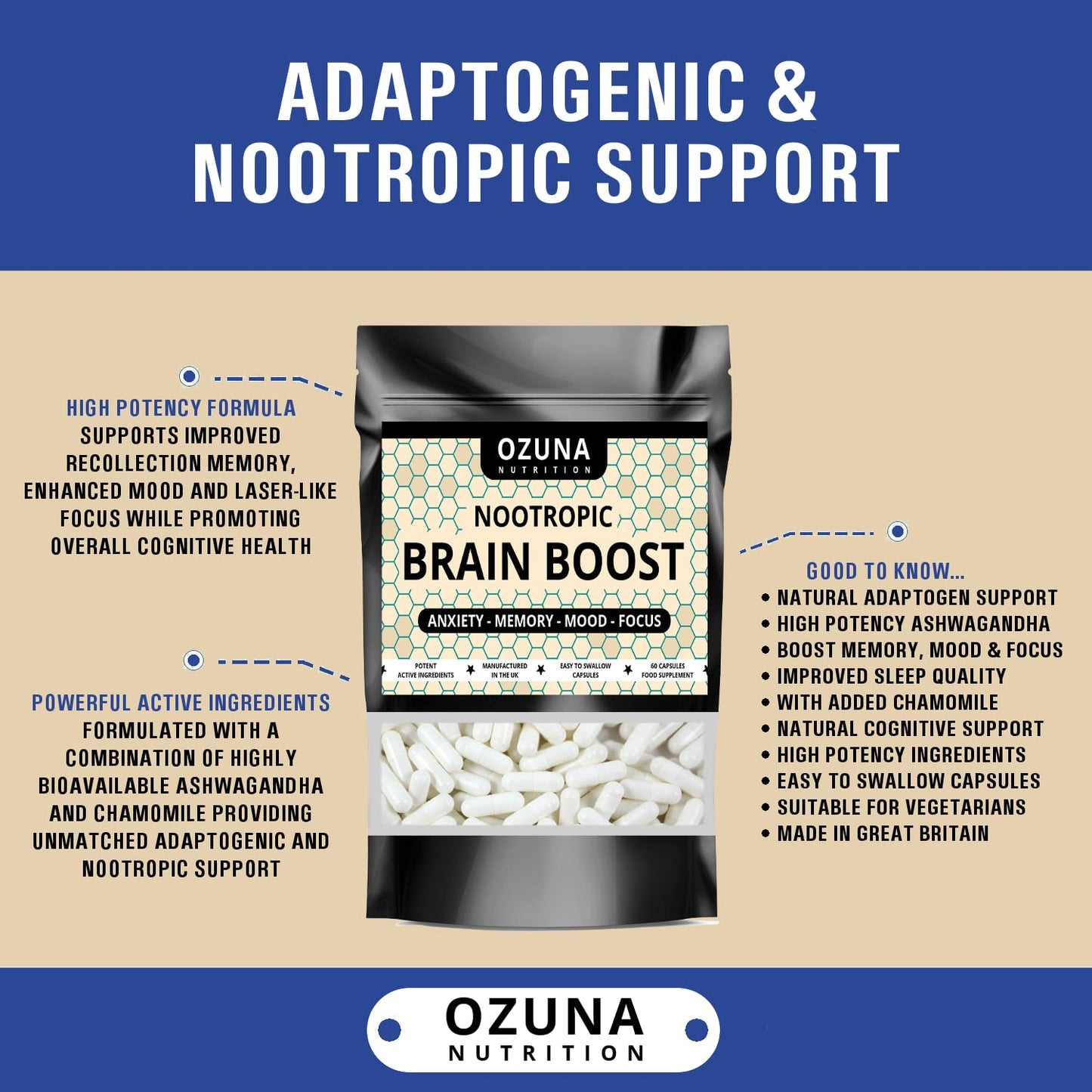 OZUNA NUTRITION Nootropic Brain Boost Supplement | Supports Cognitive Function, Energy Levels, Focus & Memory Function | Clear Brain Fog | with Ashwagandha & Chamomile | 60 Capsules