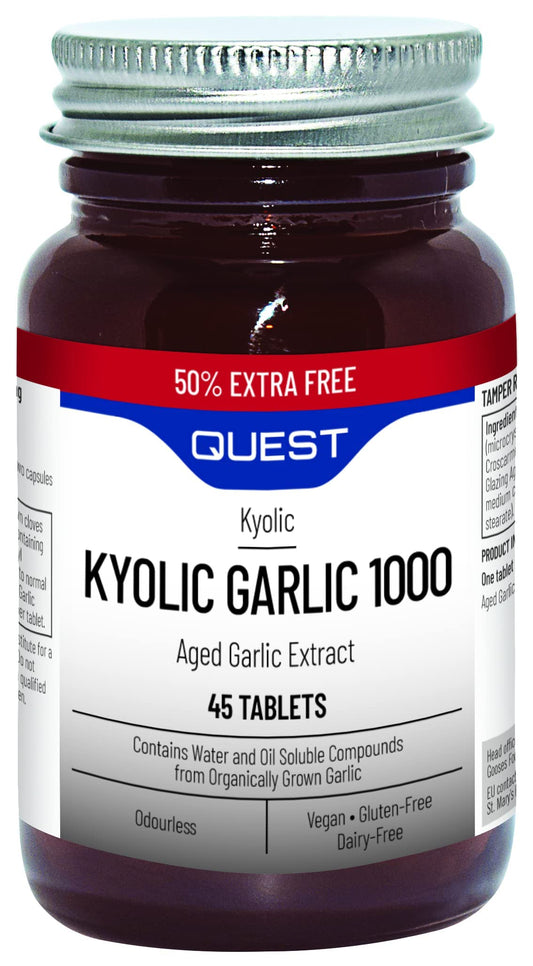 Quest - 45x Kyolic Garlic Tablets. High Strength 1000mg Odourless Aged Garlic Extract for Heart, Immune, Digestive & Cognitive Health. Daily Dietary Supplement. Vegan & Gluten-Free (Pack of 3)