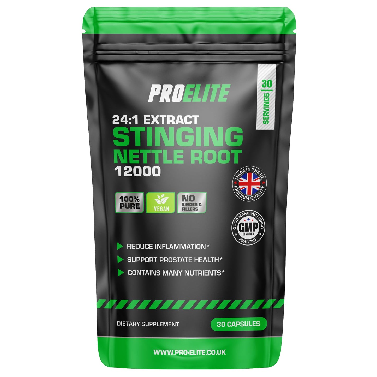 Stinging Nettle Root | 30 Capsules Vegan - 24:1 Extract 12,000mg Nettle Root per Capsule | High Strength Stinging Nettle Alternative to Powder NO Fillers & Binders | Made in UK by PROELITE