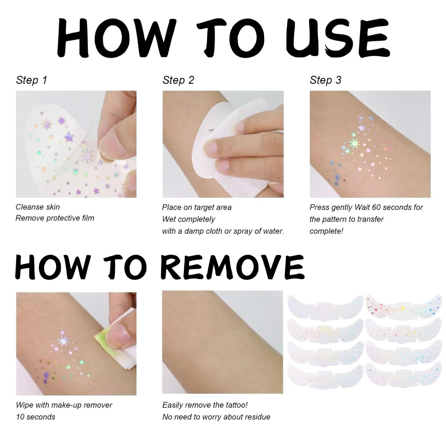 SHEBEEDO 12Pcs Glitter Freckles Face Tattoo,6 Styles Holographic Multichrome Glitter Freckle Face Tattoo,Waterproof Sparkle Temporary Tattoo Cute Star Patches for Festival Rave Makeup Accessories