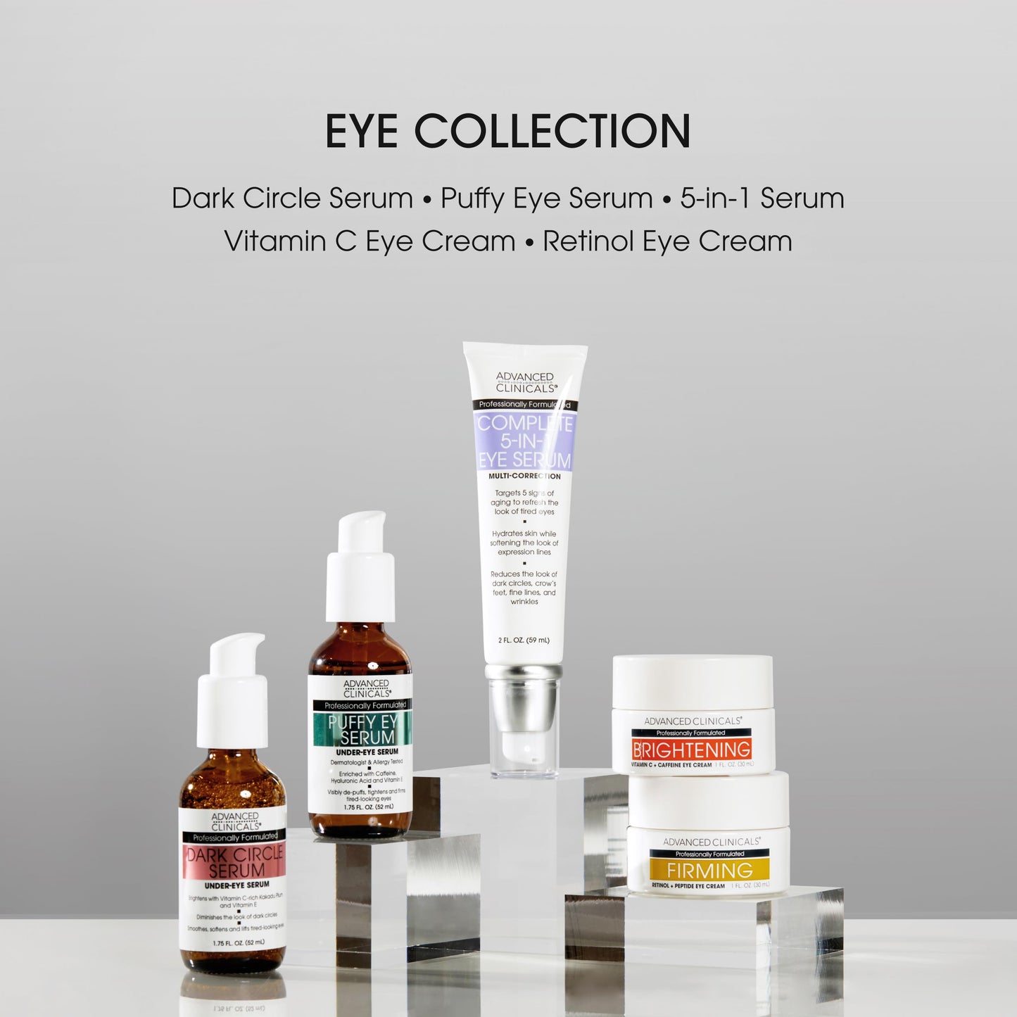 Advanced Clinicals 5-in-1 Multi Correction Anti-Aging Eye Serum with Retinol Collagen Vitamin C and Manuka Honey. For dark circles wrinkles crow's feet fine lines. Large 2oz airless tube.