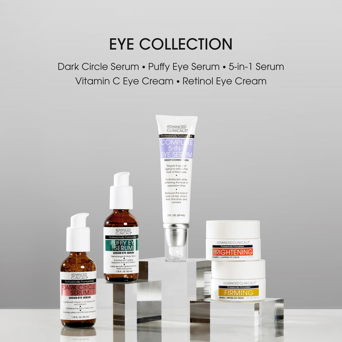 Advanced Clinicals 5-in-1 Multi Correction Anti-Aging Eye Serum with Retinol Collagen Vitamin C and Manuka Honey. For dark circles wrinkles crow's feet fine lines. Large 2oz airless tube.