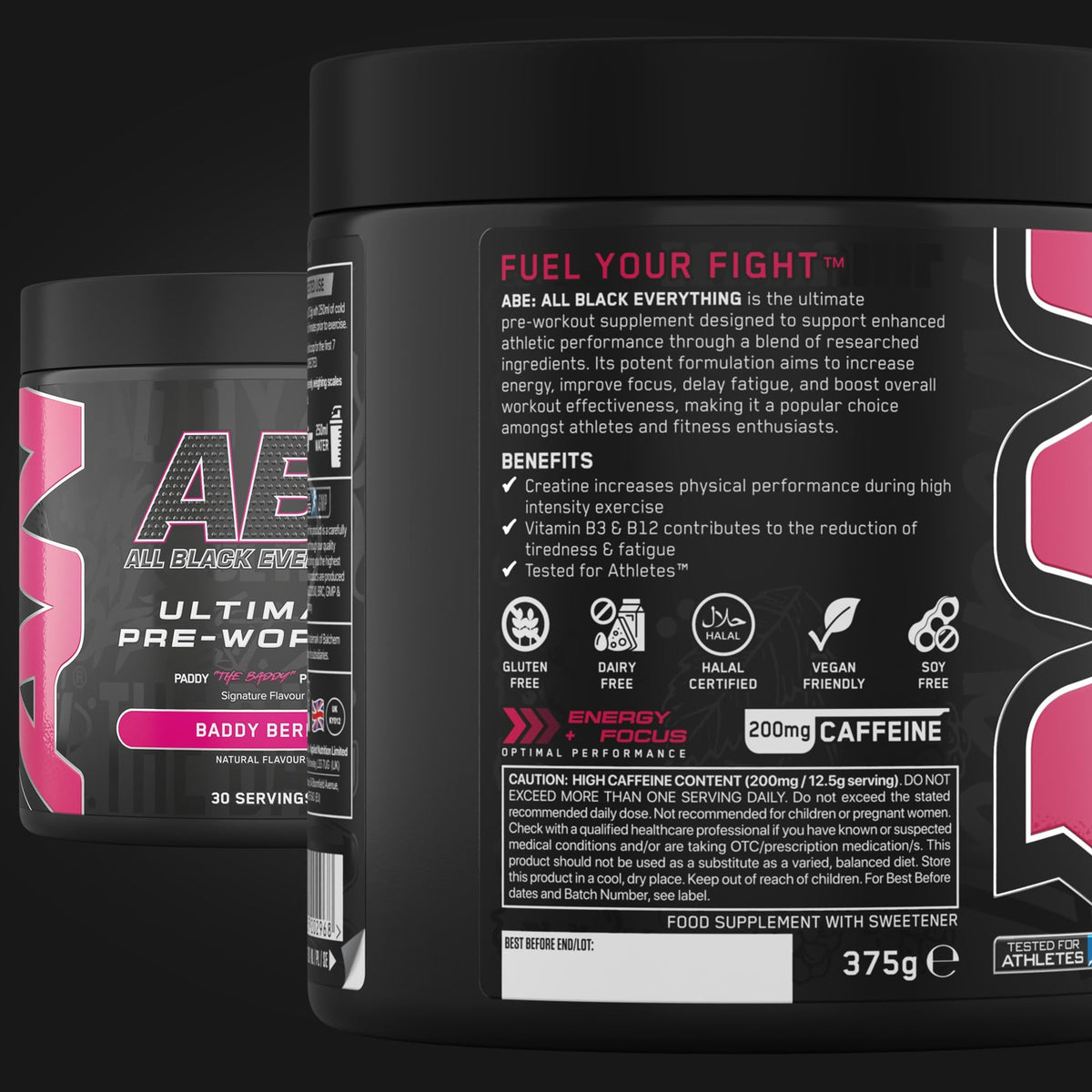 Applied Nutrition Bundle ABE Pre Workout 375g + ABE Black Shaker 700ml | All Black Everything Pre Workout Powder, Energy Drink, Physical Performance, Creatine, Beta Alanine, Caffeine (Baddy Berry)