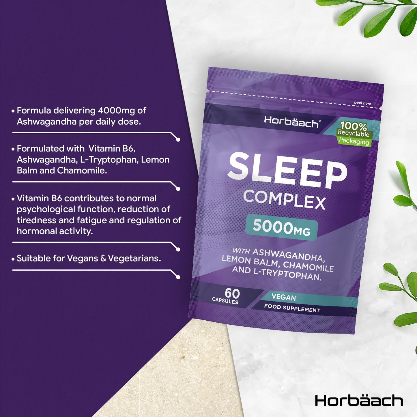 Horbäach Night Time Complex 5000mg | with Ashwagandha KSM-66, Lemon Balm, Chamomile and L-Tryptophan | 60 Vegan Capsules | Sleep Complex for Men & Women | by Horbaach