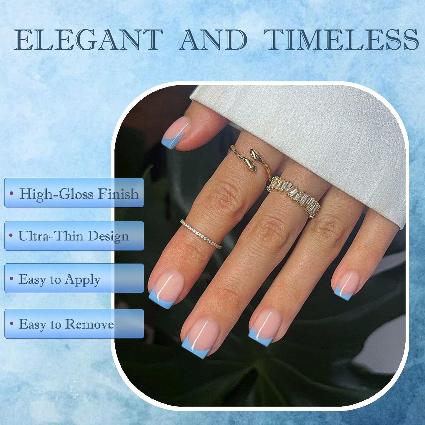Generic 24PCS French Blue Press on Nails Short Square, Elegant Baby Blue French Tip False Nails with Acrylic Material, Fake Set for Women Daily Wear, Easy to Trim and Apply at Home