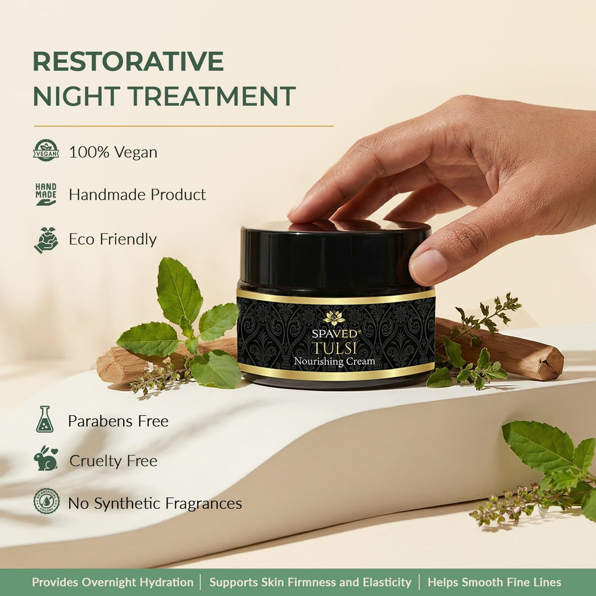 SPAVED SpaVed Tulsi (Holy Basil) Face Cream 50g – Anti-Ageing Vegan Night Cream & Face Moisturiser with Shea Butter, Aloe Vera & Vitamin E | Supports Skin Barrier Hydration for Dry & Sensitive Skin