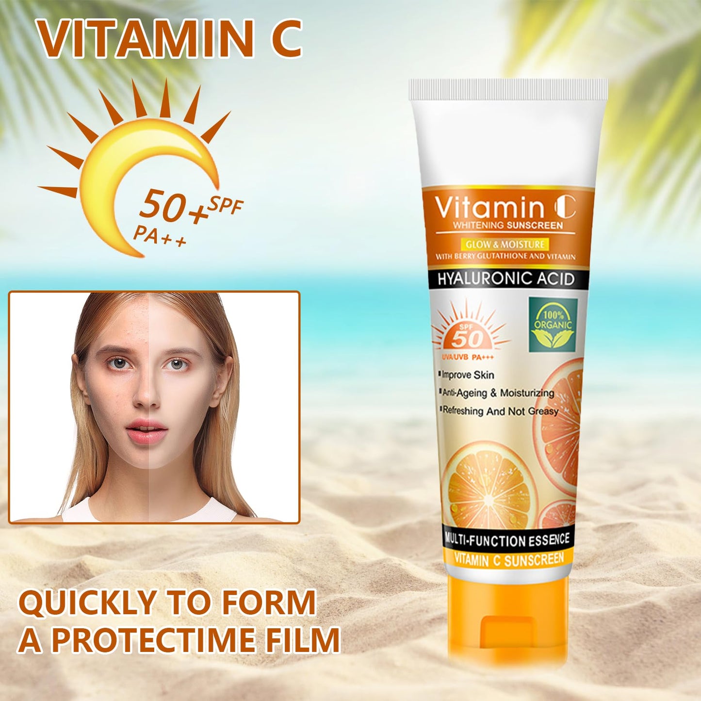 Sunscreen Spf 50 Face, Sun Cream Moisturiser with Vitamin C, Sun Cream SPF 50+ Face for UVA & UVB Protection, Waterproof Sunscreen Spf 50 Face for Daily Use