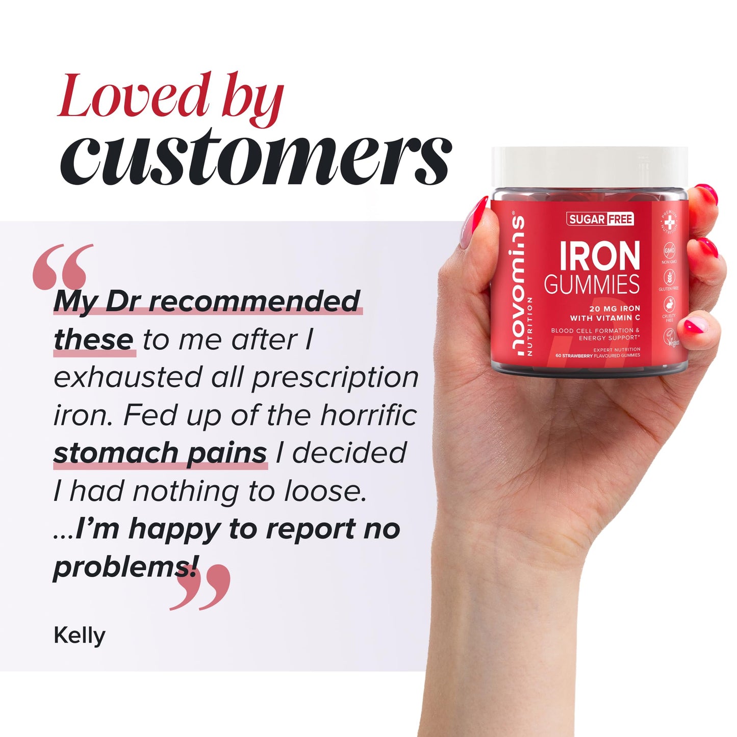 novomins Iron Gummies with Vitamin C - Sugar Free - 1 Month Supply - 20mg with 24mg Vitamin C - Immune System & Energy - Alternative to High Strength Tablets - Iron Supplements for Women & Men - Novomins