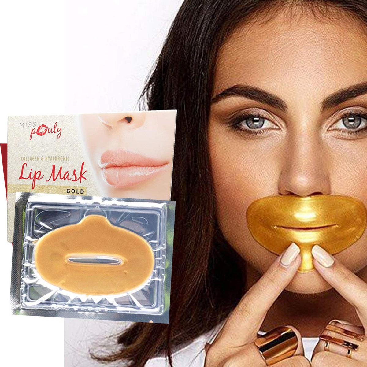 Miss Pouty Gold Lip Mask x5 – Collagen, Hyaluronic Acid, Plumping, Hydrating, Anti-Ageing, Moisturising, Soothing, Fuller Lips, Dry Lip Repair, Anti-Wrinkle, Crystal Gel Lip Treatment