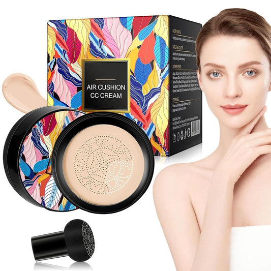 Mushroom Head Air Cushion CC Cream,Moisturizing Concealer Cream, Full Coverage Foundation,Moisturizing BB Cream Makeup Base Long Lasting with Mushroom Makeup Sponge (Natural)