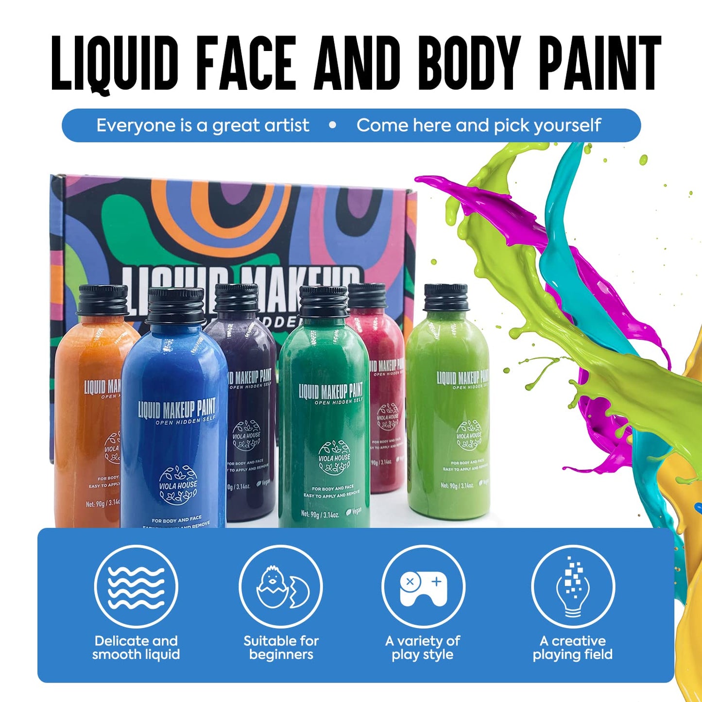 VIOLA HOUSE Light Green Face & Body Paint, Liquid Makeup, Water-Based Washable Face Paint for Halloween, Special Effects & Cosplay - with Brush, 90g/3.14oz (Light Green)