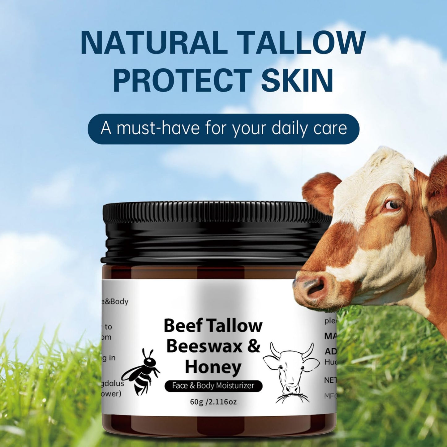 ISBEAUSOLS Beef Tallow Moisturiser - Beef Tallow Skin Care - Tallow And Honey Balm Beeswax for Skin Deep Nourish - Face & Body Butter for Dry Skin - Face Cream for Repair Barrier,Tender Skin 60g