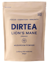 DIRTEA Lion's Mane Mushroom Powder | 2,000mg / Serving | Organic, Vegan & Non GMO | Focus, Memory & Immunity | High Strength Supplement with Zinc | 240g - 120 Servings