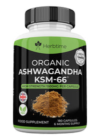 Herbtime Ashwagandha KSM 66, 180 Vegan Capsules 1500mg (6 Months Supply) High Strength Ashwagandha Extract 1500mg Per Capsule UK Made, Boosted with 5% Withanolides