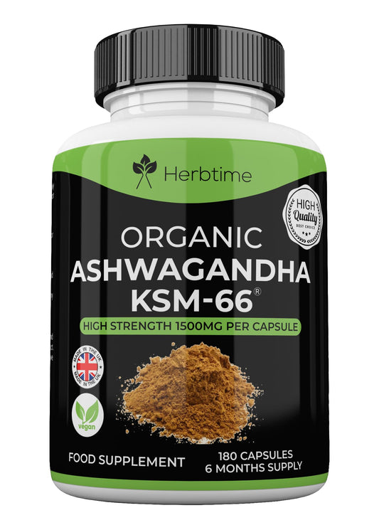 Herbtime Ashwagandha KSM 66, 180 Vegan Capsules 1500mg (6 Months Supply) High Strength Ashwagandha Extract 1500mg Per Capsule UK Made, Boosted with 5% Withanolides