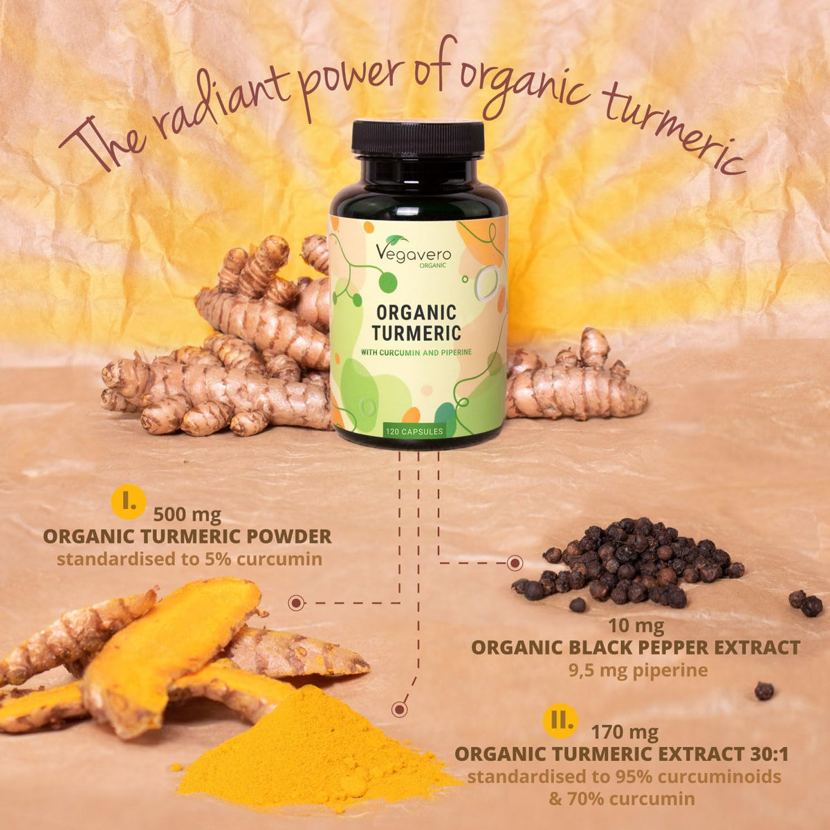 Vegavero Organic 5,600 mg Turmeric and Black Pepper Capsules High Strength | 162 mg Curcuminoid, 144 mg Curcumin and 10 mg Piperine | NO Additives, Lab-Tested | 120 Capsules