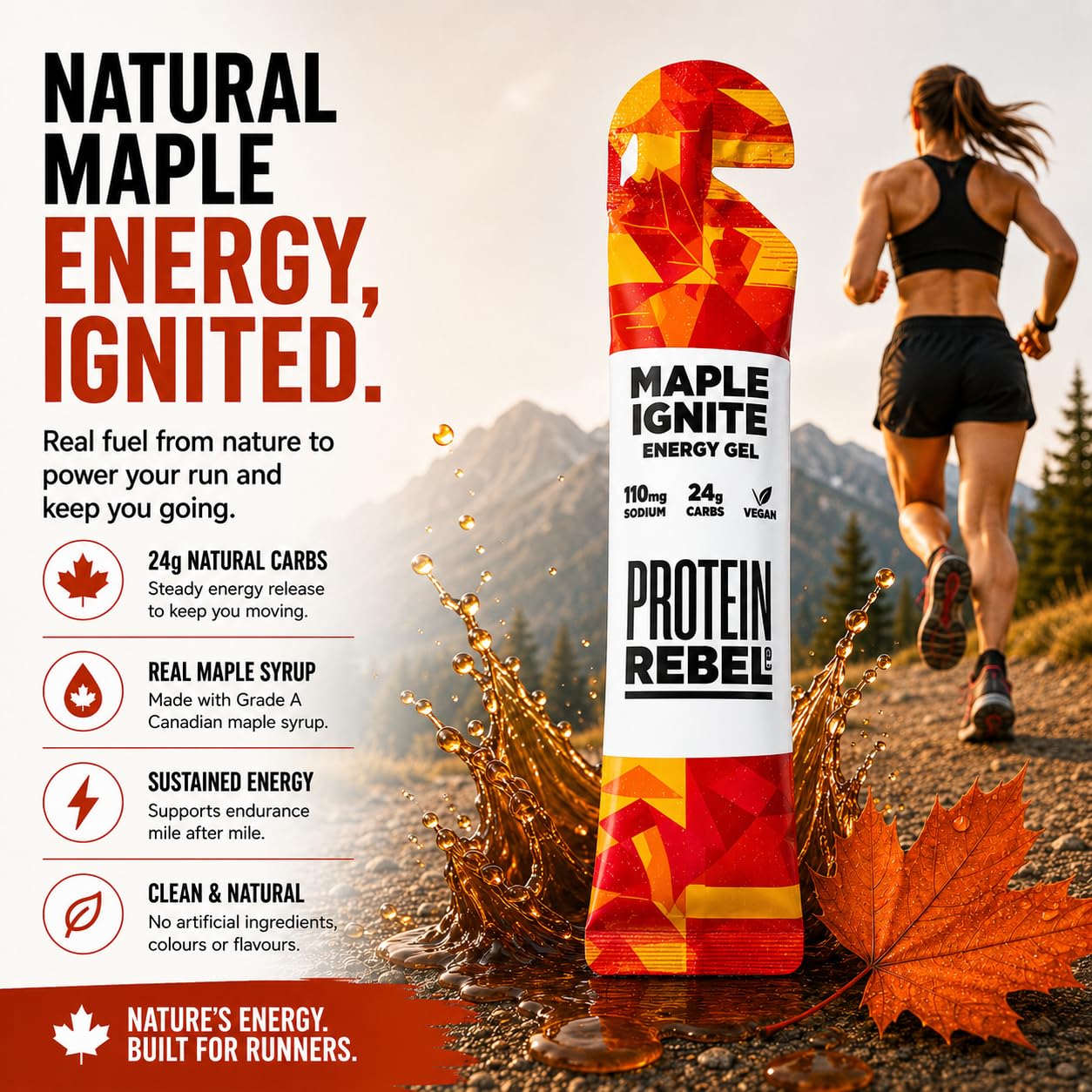 Maple Ignite - Natural Energy Gels with Grade A Canadian Maple Syrup for Running, Cycling & Endurance by Protein Rebel - Easy to Digest Running Gels - 24g Carbs, Electrolytes (8 Sachets)