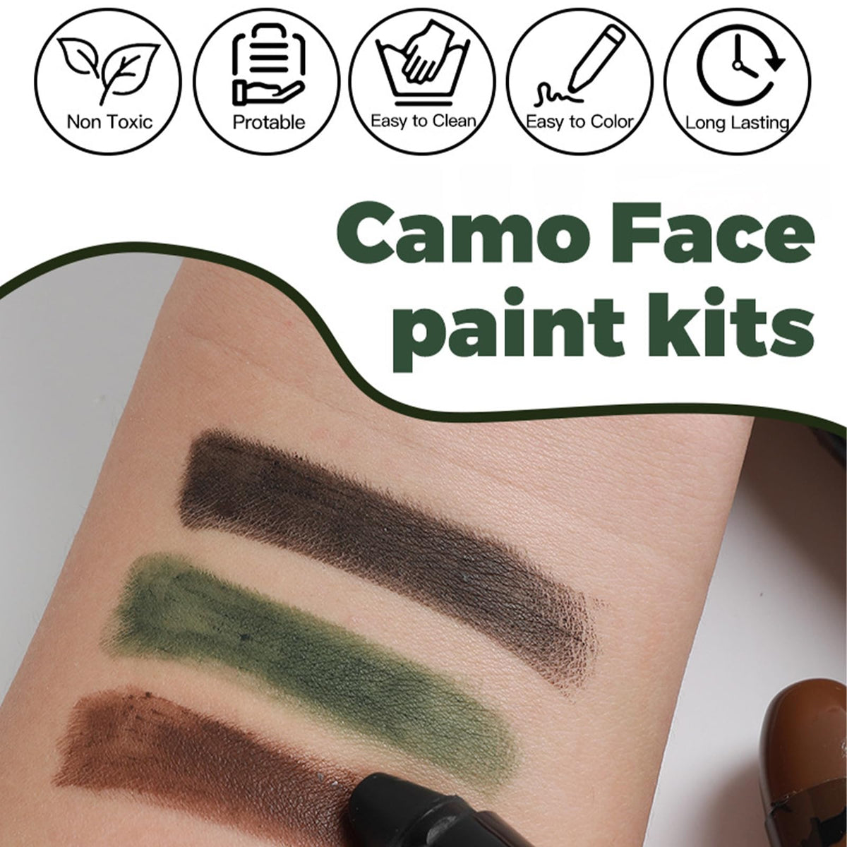 NoraGlaze 3-Piece Camouflage Face Paint Stick Set - Waterproof, Sweat-Resistant Green, Brown, Black Makeup for Hunting, Military Training, Outdoor Survival, Tactical Activities & Airsoft