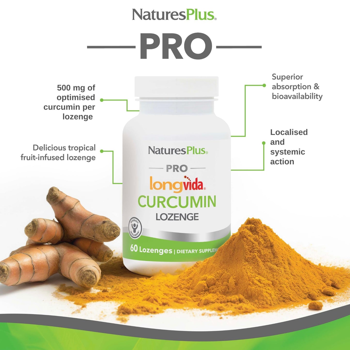 Nature's Plus NaturesPlus PRO Longvida Curcumin Lozenge - 500 Mg Turmeric Extract Supplement per Lozenge - Superior Absorption, Prolonged Action - Vegan, Gluten Free - 60 Lozenges