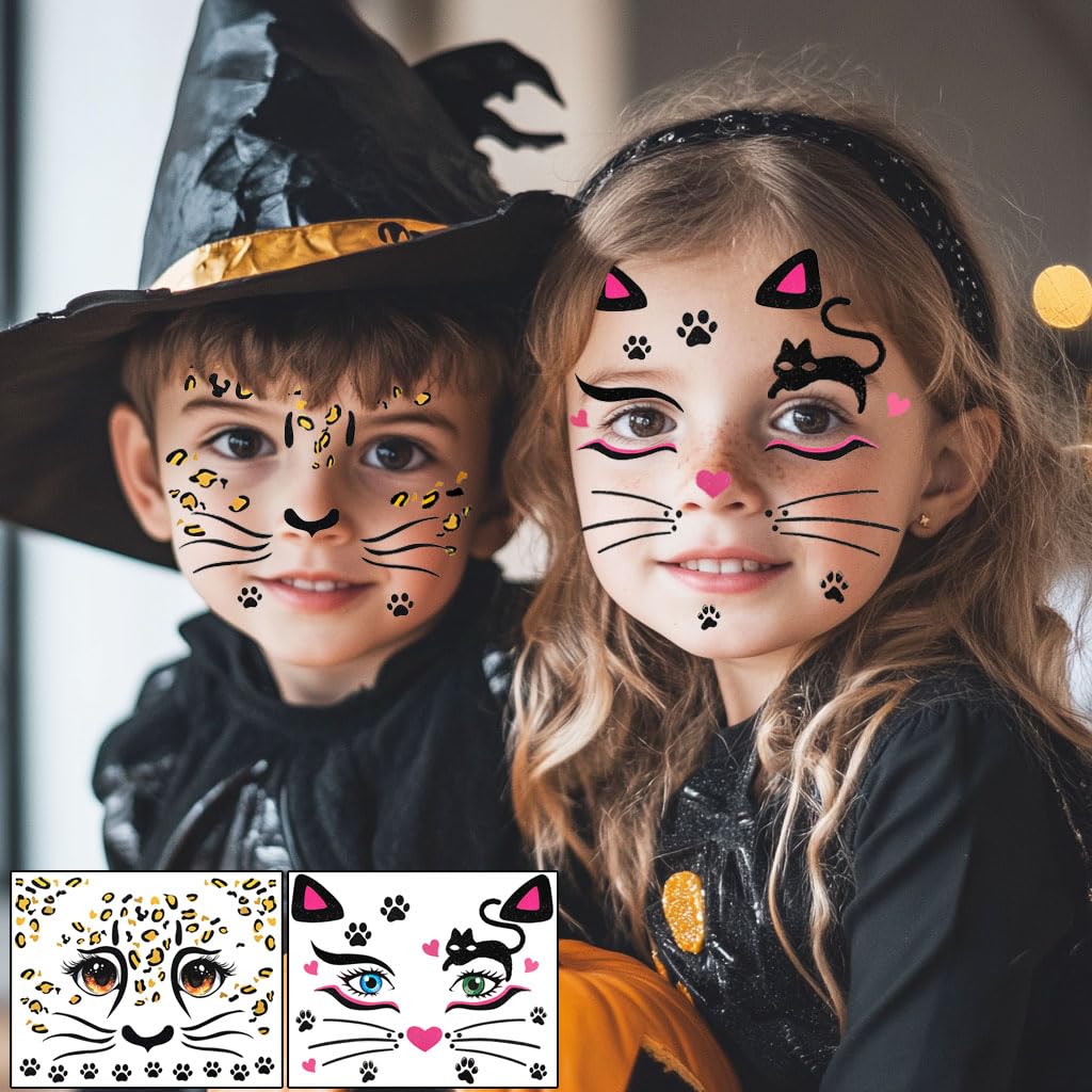 Dercylele 8Pcs Halloween Face Tattoo for Kids, Animal Tattoos Halloween Temporary Face Stickers Leopard Print Glitter Face Stickers Makeup Stickers Festival Party Stage Makeup (8Psc-kid tattoo)